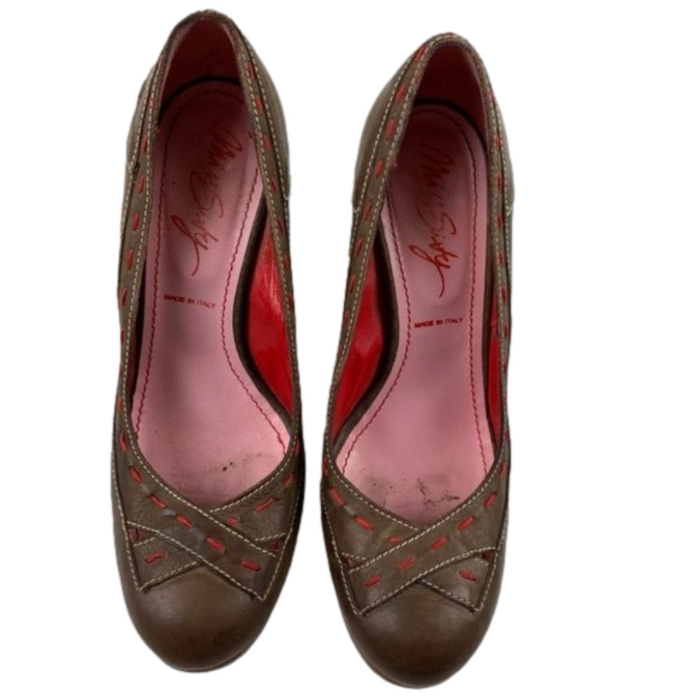 𝅺Miss  Sixty Brown Leather Red with Red Stitching Chunky Heel size 38